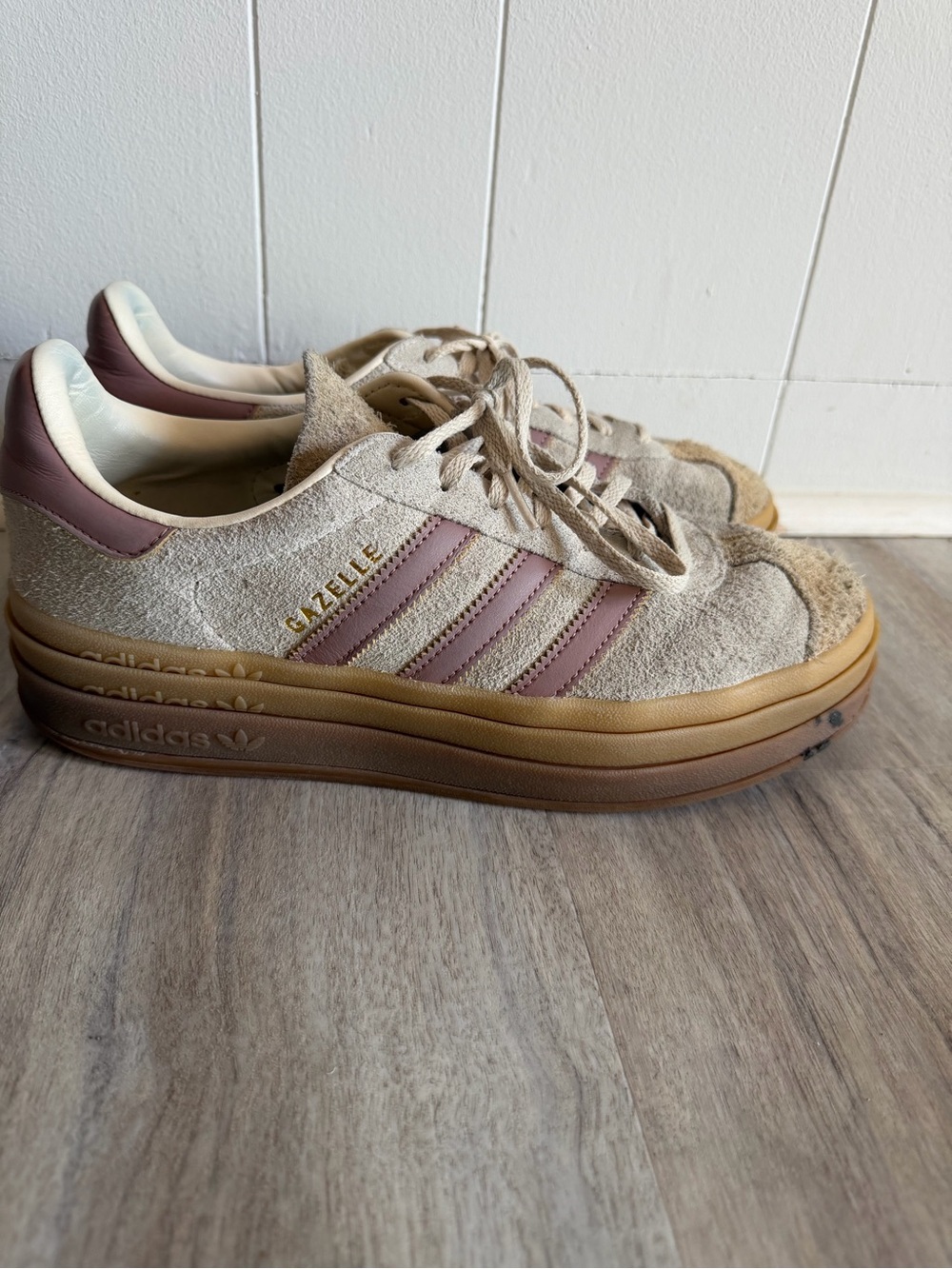 adidas Gazelle Women's Suede Sneakers in Beige with Mauve Stripes
